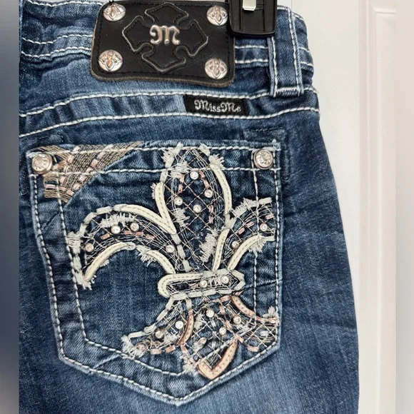 Miss Me Jeans Dark Blue Skinny with Fleur de Lis Embellishments - Picture 7 of 11